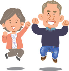 ジャンプするシニアのカップル