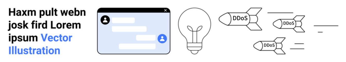 Fototapeta premium Cybersecurity, network protection, online threats, data security, communication, creative ideas. DDoS labeled missiles next to a light bulb and a chat interface. Cybersecurity and network protection
