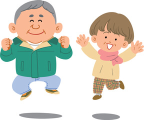 ジャンプするシニアのカップル