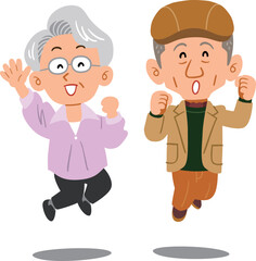 ジャンプするシニアのカップル