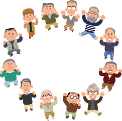 輪になってジャンプする12人のシニアの男性