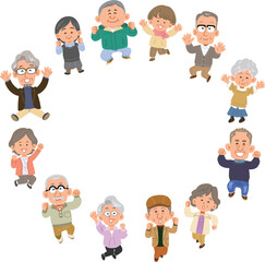 輪になってジャンプする12人のシニアの男女