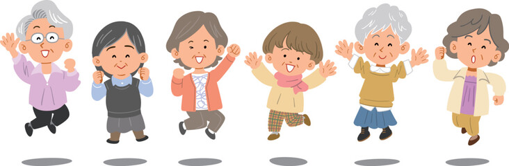 横一列でジャンプするシニアの女性たち