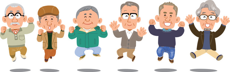 横一列でジャンプするシニアの男性たち