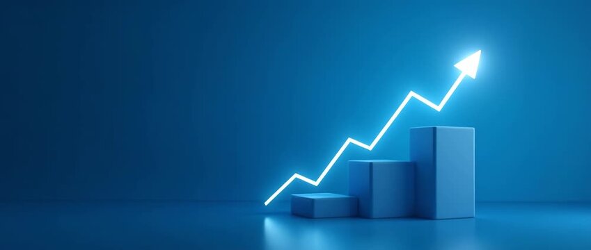 Blue bar graph with glowing arrow rises steadily, symbolizing growth; camera gently pans right while subtle ambient lighting enhances the professional, cinematic business finance theme.