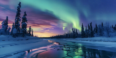 Breathtaking display of colorful aurora borealis lights illuminate the night sky above a snow-covered landscape, with frozen river and evergreen trees captured in the frigid, arctic atmosphere.