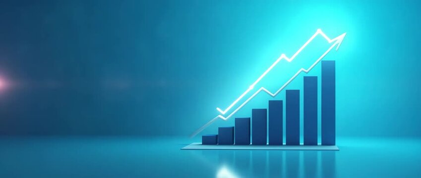 Blue 3D bar graph rises dynamically as the camera slowly pans across a sleek, modern setting, with ambient light flickering softly, creating a cinematic and futuristic business scene.