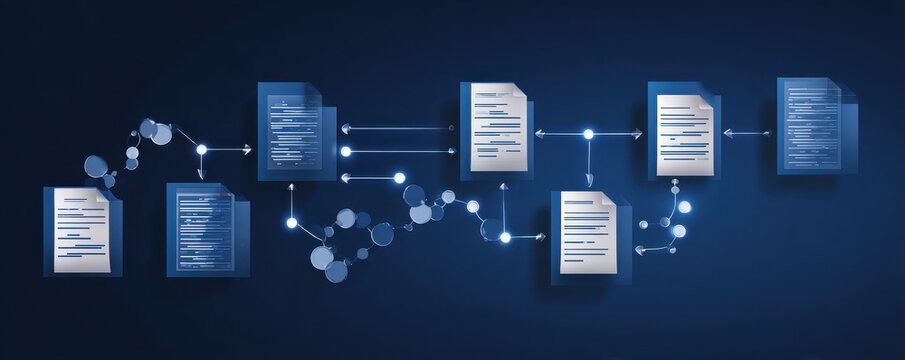Graphic workflow where datum moves in a remote chain synchronized with approval protocols and planning required for a contract solution