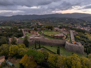 Panoramic aerial view of Arezzo Medici fortress with five bastions overlooking the medieval city