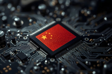 Close-up of an advanced semiconductor chipset mounted on a circuit board, China national flag clearly displayed on the surface of the chip