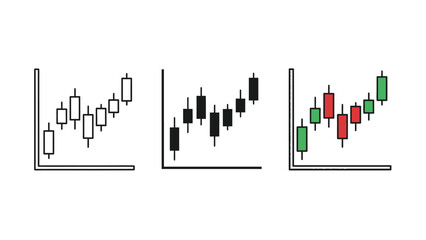 Obraz premium Three variations of candlestick chart icons showing stock market trends and financial data analysis in outline, solid black and color styles