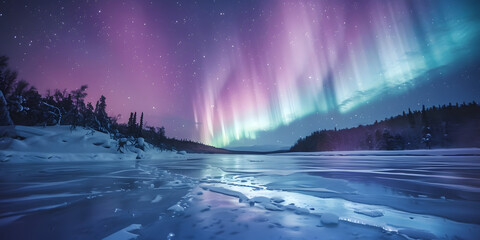 Spectacular display of colorful aurora borealis lights illuminate a frozen lake with a starry night sky, highlighting trees and a snowy, winter landscape reflecting the vibrant hues.