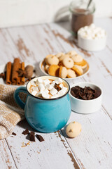 hot chocolate with marshmallows in a mug and cookies on a white table, vertical