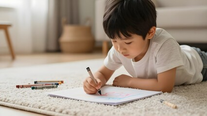 A boy focused on drawing with crayons on the carpet