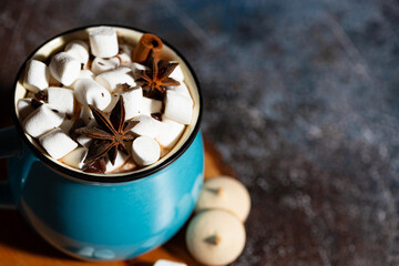 hot chocolate with spices and marshmallows on a dark background, closeup