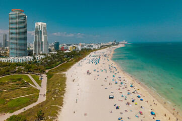 Miami Beach aerial view with skyline. Miami from top. Miamis famous landmarks.