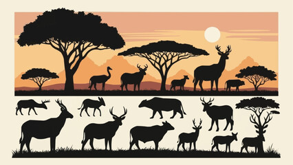 Collection of African Wildlife Silhouettes in Savannah Landscape. © Salsa