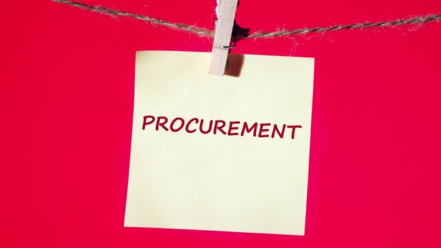Concept of procurement. Animation of the PROCURATION text on a yellow sticker on a red background