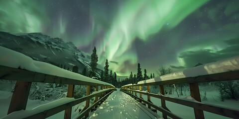 Vivid green and purple auroral lights dance across a starry night sky, illuminating a snow-covered bridge that stretches into a forest, creating a breathtaking winter landscape, enhanced by a sense...