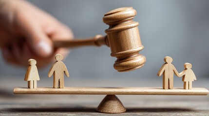 A judge’s hand raising a wooden gavel above an uneven family balance scale with peg doll figures, symbolizing justice, fairness, and family law decisions for World Social Justice Day.