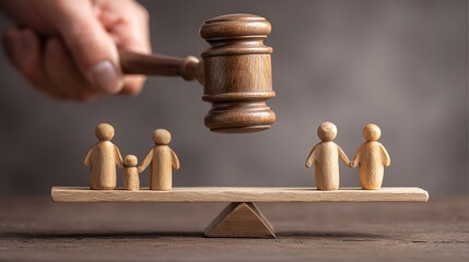 A judge’s hand raising a wooden gavel above an uneven family balance scale with peg doll figures, symbolizing justice, fairness, and family law decisions for World Social Justice Day.