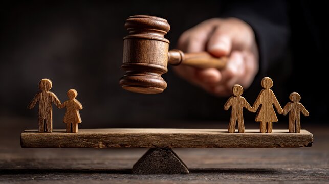A judge’s hand raising a wooden gavel above an uneven family balance scale with peg doll figures, symbolizing justice, fairness, and family law decisions for World Social Justice Day. - Powered by Adobe