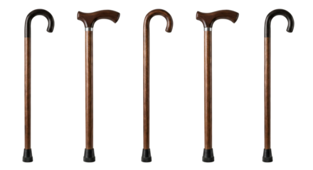 Elegant collection of vintage wooden walking canes with curved handles isolated on transparent