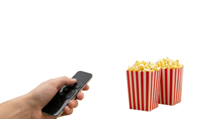 hands holding remote control watching TV while two bowls of popcorn on black background isolated
