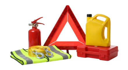 comprehensive automotive safety equipment set including fire extinguisher warning triangle and