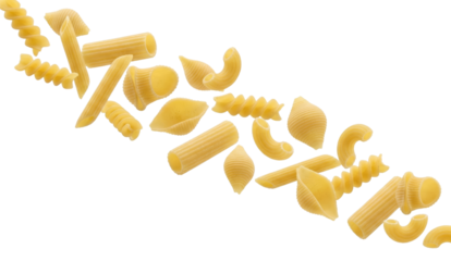 Collection of uncooked pasta varieties creatively arranged with isolated transparent background