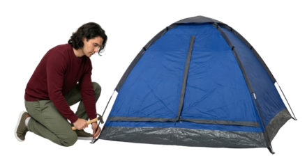 young man setting up compact blue camping tent in isolated environment isolated transparent