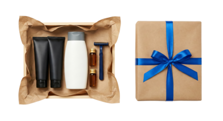 Gift Set for Personal Care and Grooming with Wrapped Present on Isolated Transparent Background