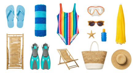 Summer Beach Essentials Collection with Swimwear, Sun Protection Items and Accessories on Isolated