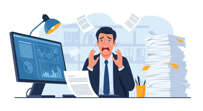 A stressed and panicked businessman screams at his desk, overwhelmed by a huge amount of paperwork and a looming deadline.