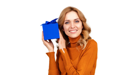 Happy Womans Day. Gifts and presents for Womans Day. Happy Caucasian girl holding gift. Lovely redhead woman receiving gift. surprise. Celebrating Womans Day or birthday. Womans Day concept.