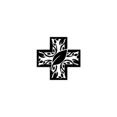 Black and white cross with leaf and vine design isolated on transparent background