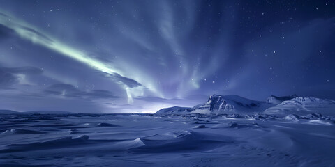 Vibrant shades of green and white dance across the night sky, illuminating a vast expanse of snowy terrain and distant mountain ranges under a canopy of stars, capturing the beauty of a natural...