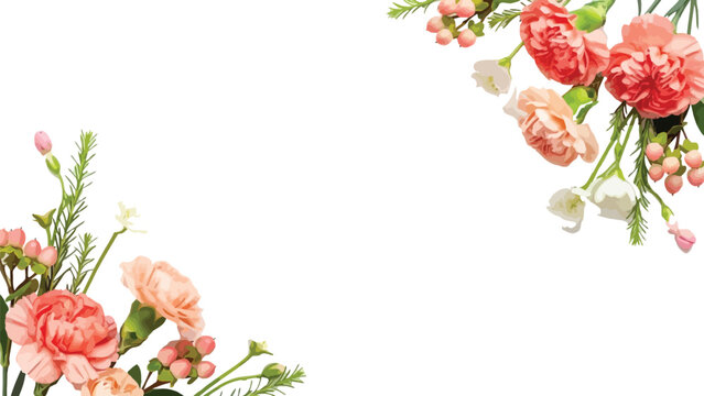 Elegant floral corner frame featuring pink carnations, peach blossoms, and green foliage on a clean white background.