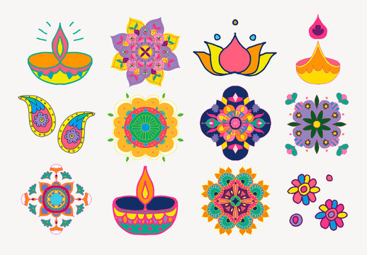 Colorful Festive Diwali Designs Element Set