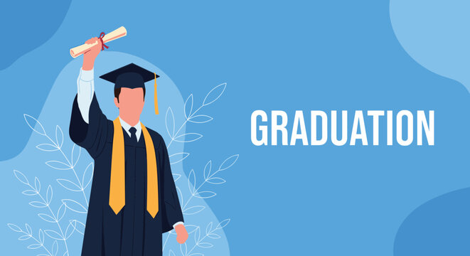 A young man in a cap and gown celebrates his graduation by proudly holding up his diploma against a blue background.