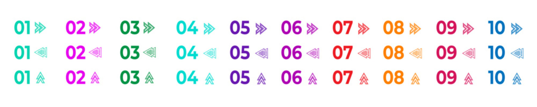 Bullet points with numbers. Colorful numbered steps with geometric directional arrows, circles and pointers from 1 to 10. Bright visual markers for list, UI elements, progress stages. Vector set