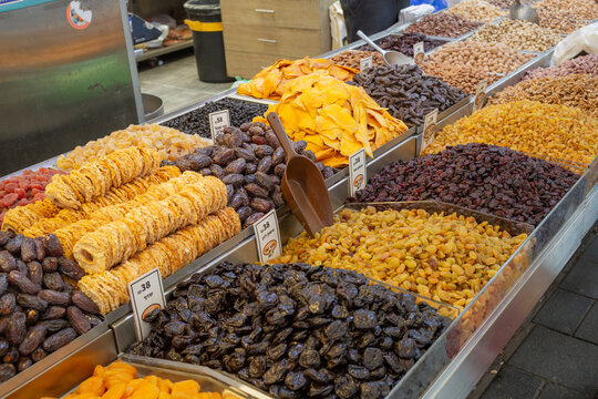 many types of dry fruits at Mahane Yehuda Market around jaffa street