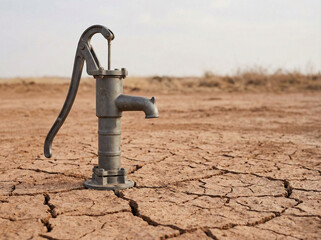 old rustic hand pump on cracked dry land with copy space representing severe drought water crisis and environmental degradation concept