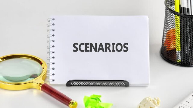 The concept of developing scenarios and an action plan. Animation of the conceptual text SCENARIOS appears on a white sheet from a notebook