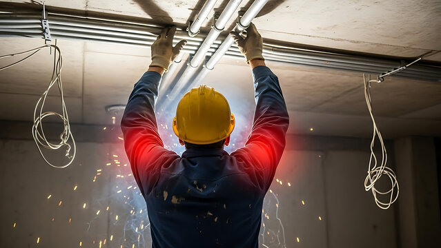 Electrician installing electrical conduits overhead in industrial setting, sparks flying
