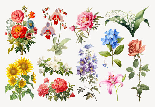 Colorful Vintage Floral Illustrations Element Design Set