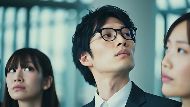 同じ方向を見つめるビジネスマンたちの横顔、未来への展望とチームの結束
