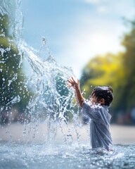 Joyful Water Play: A young child joyfully interacts with a cascading water fountain, capturing the essence of playful fun under a bright sun.