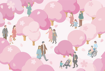 Isometric illustration of diverse people enjoying cherry blossom viewing (Hanami) in a spring park with falling sakura petals.