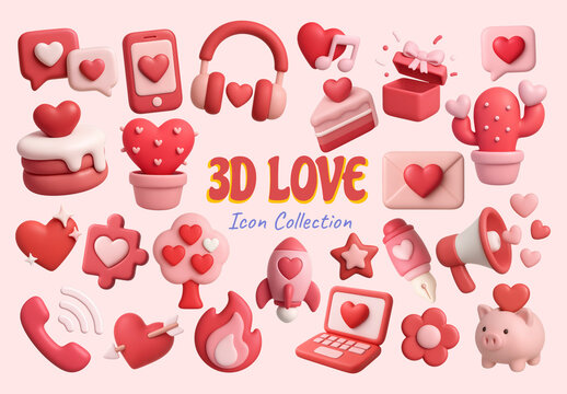 3D Love Themed Icon Design Set